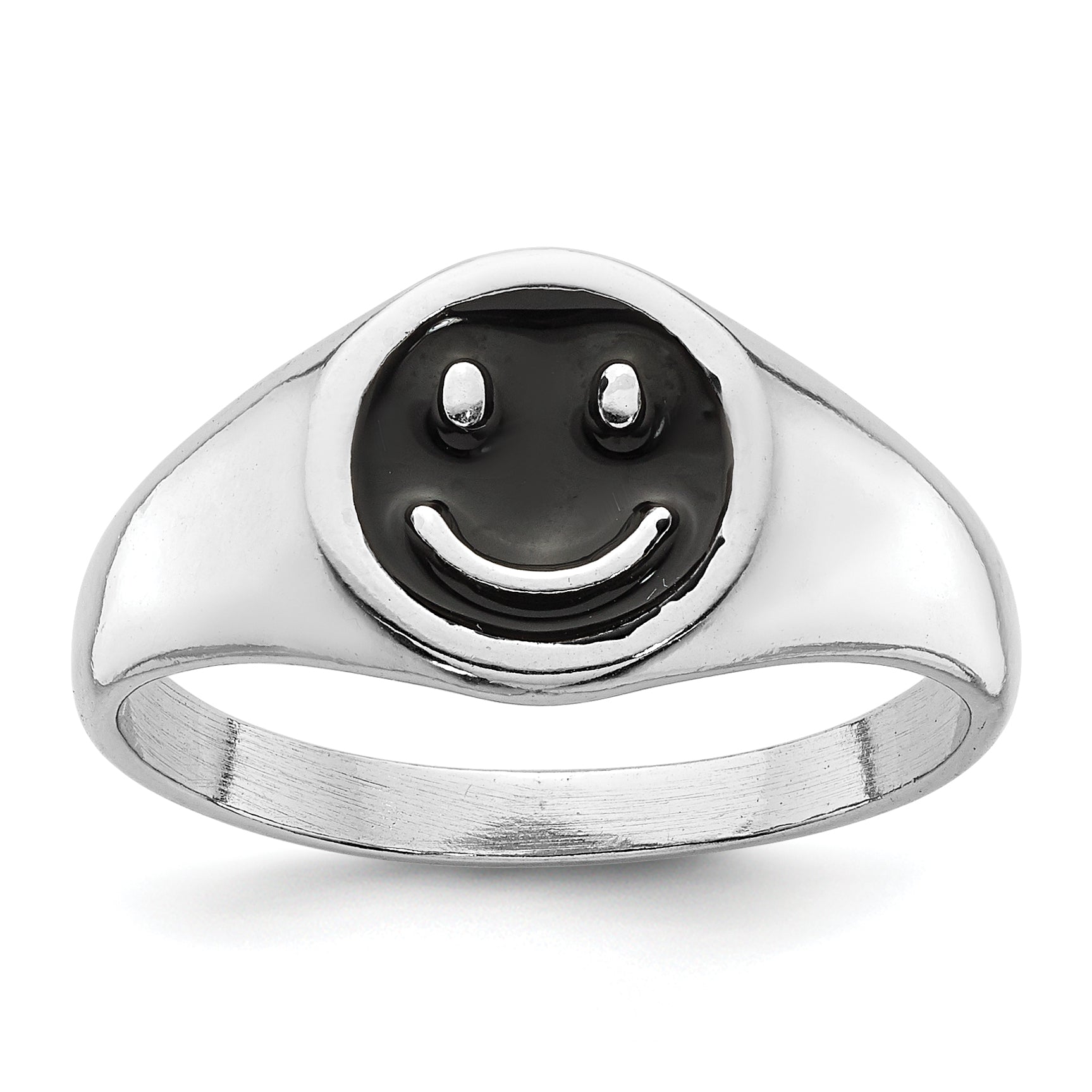 Sterling Silver Rhodium-plated Black Enamel Smiley Face Ring Main image