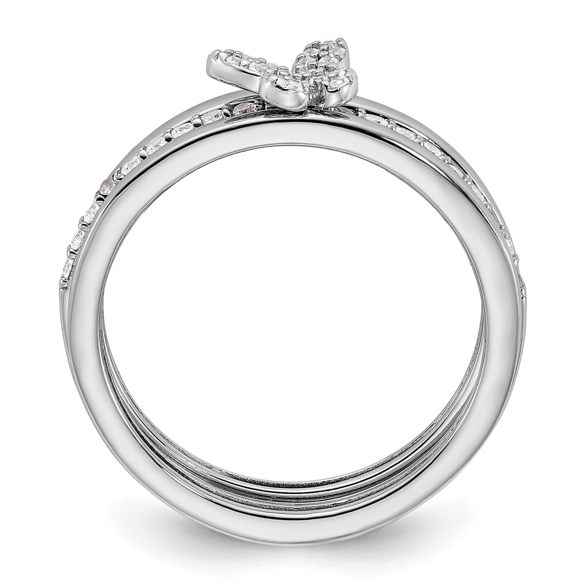 Sterling Silver RH-plated CZ Butterfly Ring with Two Plain Bands 3 Ring Set