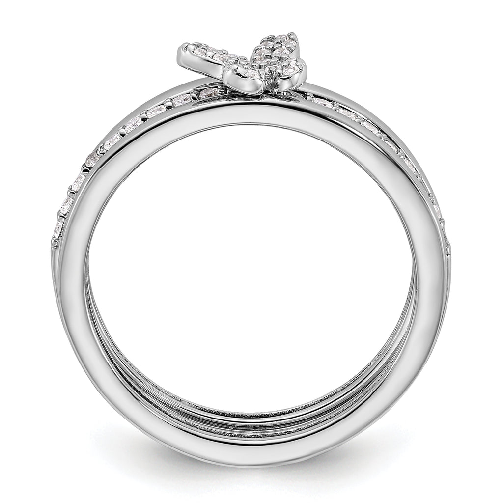 Sterling Silver Rhodium-plated Cubic Zirconi Butterfly Ring with Two Plain Bands 3 Ring Set