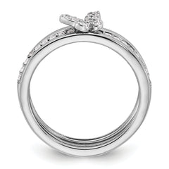 Sterling Silver RH-plated CZ Butterfly Ring with Two Plain Bands 3 Ring Set