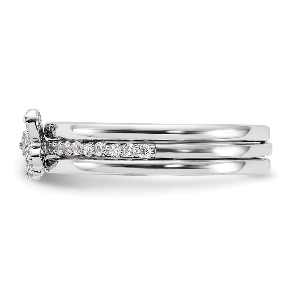 Sterling Silver Rhodium-plated Cubic Zirconi Butterfly Ring with Two Plain Bands 3 Ring Set