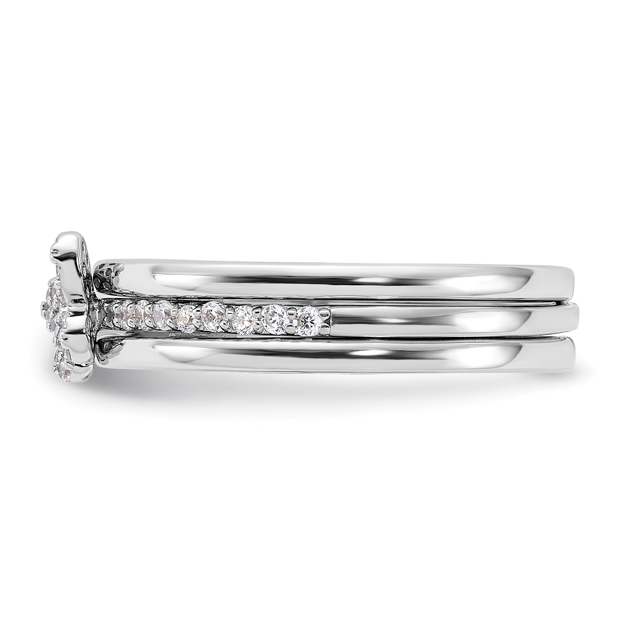 Sterling Silver Rhodium-plated Cubic Zirconi Butterfly Ring with Two Plain Bands 3 Ring Set