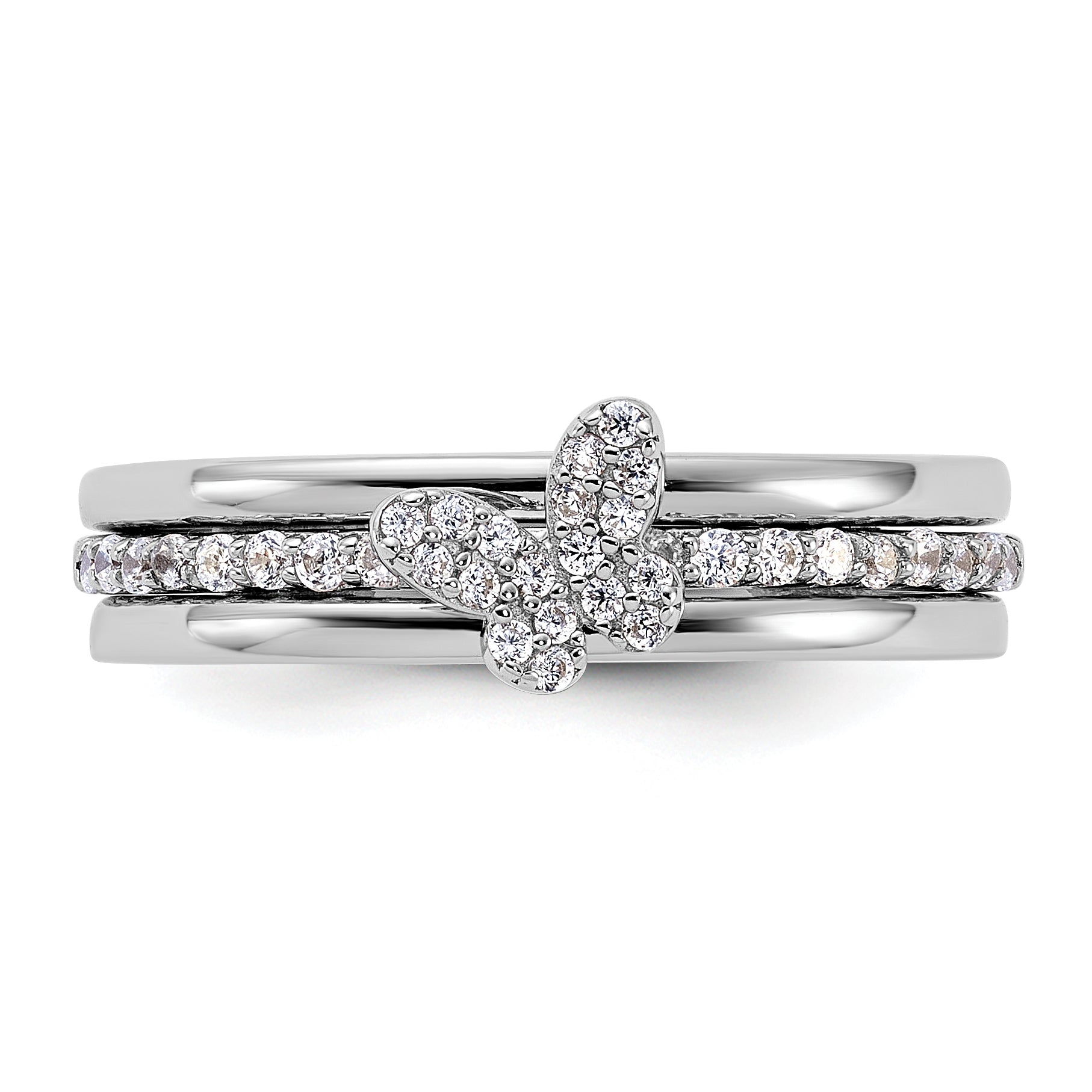 Sterling Silver RH-plated CZ Butterfly Ring with Two Plain Bands 3 Ring Set