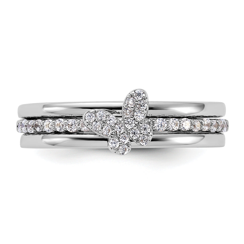 Sterling Silver Rhodium-plated Cubic Zirconi Butterfly Ring with Two Plain Bands 3 Ring Set