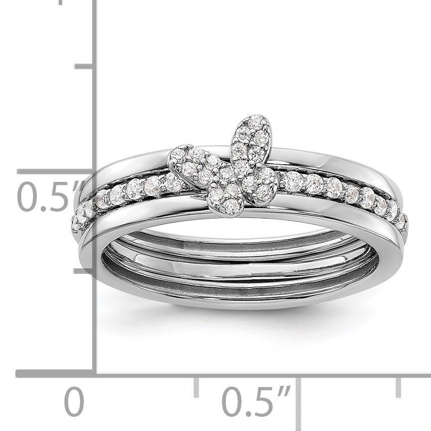 Sterling Silver RH-plated CZ Butterfly Ring with Two Plain Bands 3 Ring Set