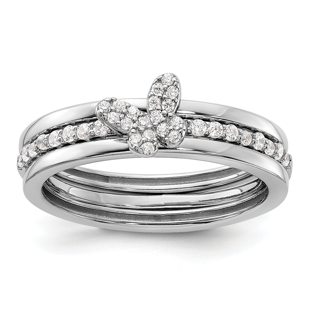 Sterling Silver Rhodium-plated Cubic Zirconi Butterfly Ring with Two Plain Bands 3 Ring Set