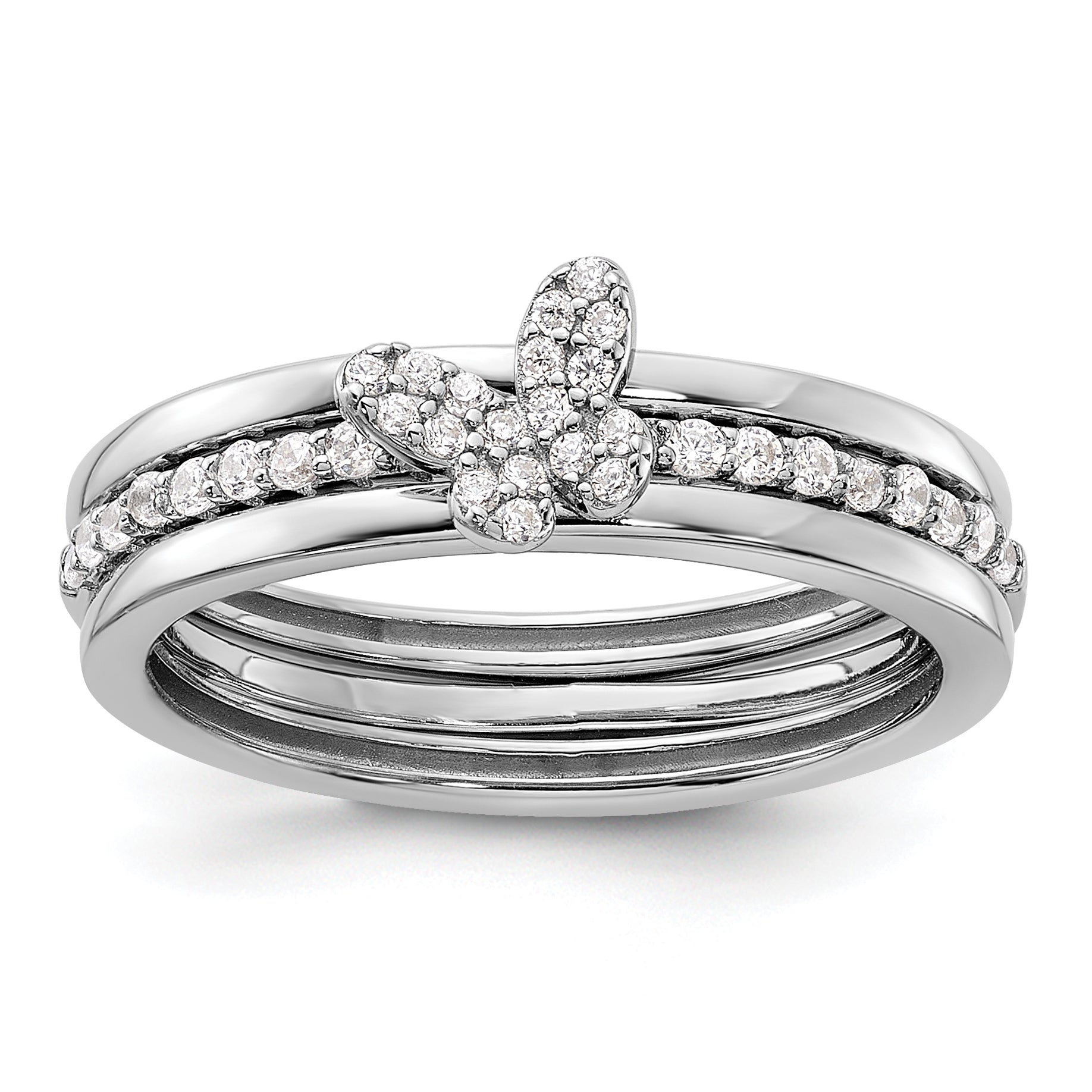 Sterling Silver RH-plated CZ Butterfly Ring with Two Plain Bands 3 Ring Set