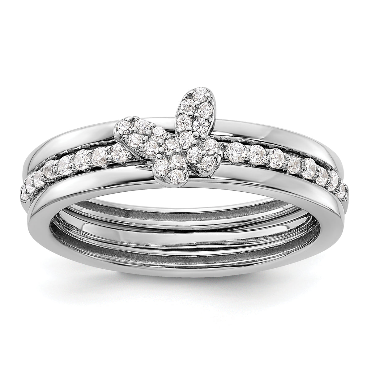 Sterling Silver RH-plated CZ Butterfly Ring with Two Plain Bands 3 Ring Set