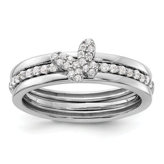 Sterling Silver RH-plated CZ Butterfly Ring with Two Plain Bands 3 Ring Set