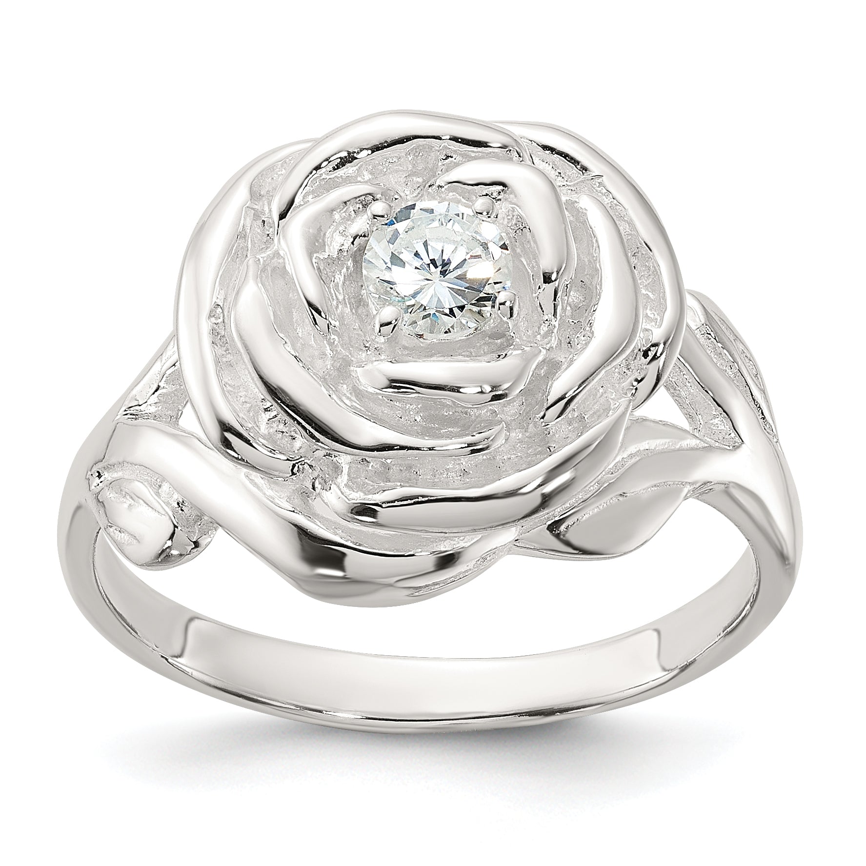Sterling Silver Polished CZ Flower Rose Ring Main image