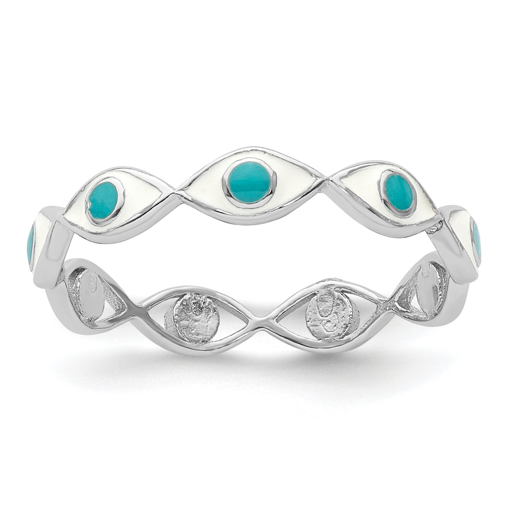 Sterling Silver Rhodium-plated with Enamel Evil Eye Ring