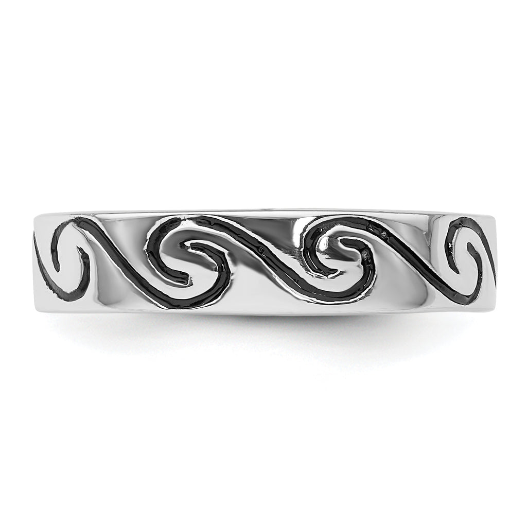 Sterling Silver Rhodium-plated Antiqued Wave Design 4.5mm Band Ring