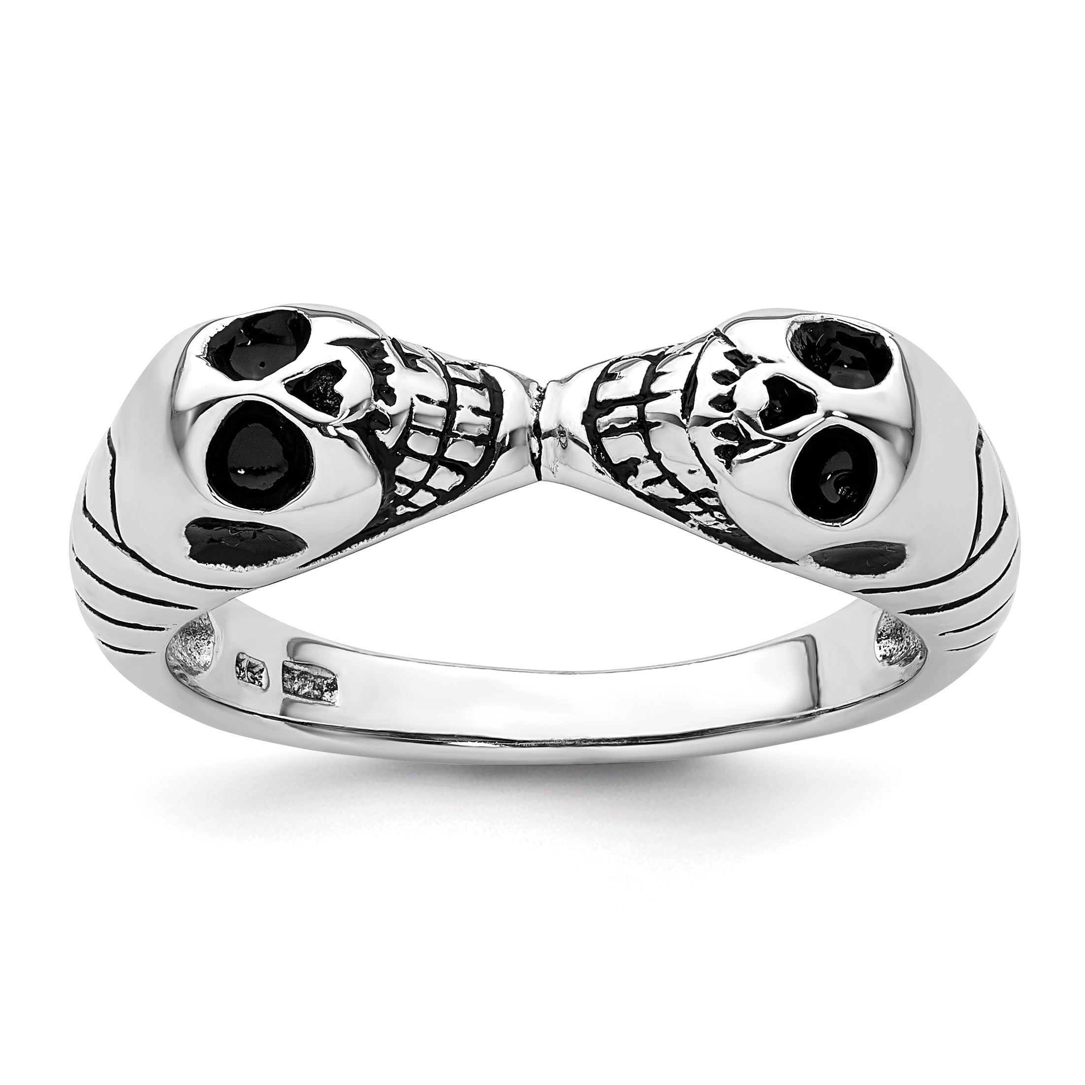 Sterling Silver Rhodium-plated Antiqued Double Skull Ring Main image