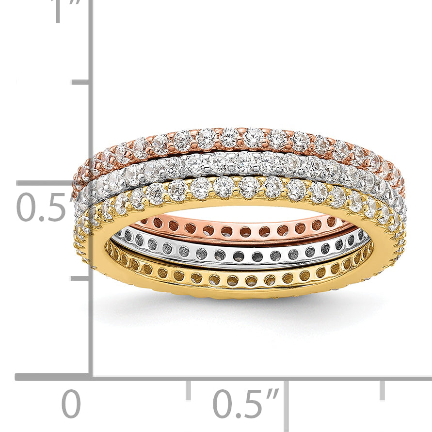 Sterling Silver Rhodium-Plated Gold and Rose-tone Cubic Zirconi 3 Eternity Band Set