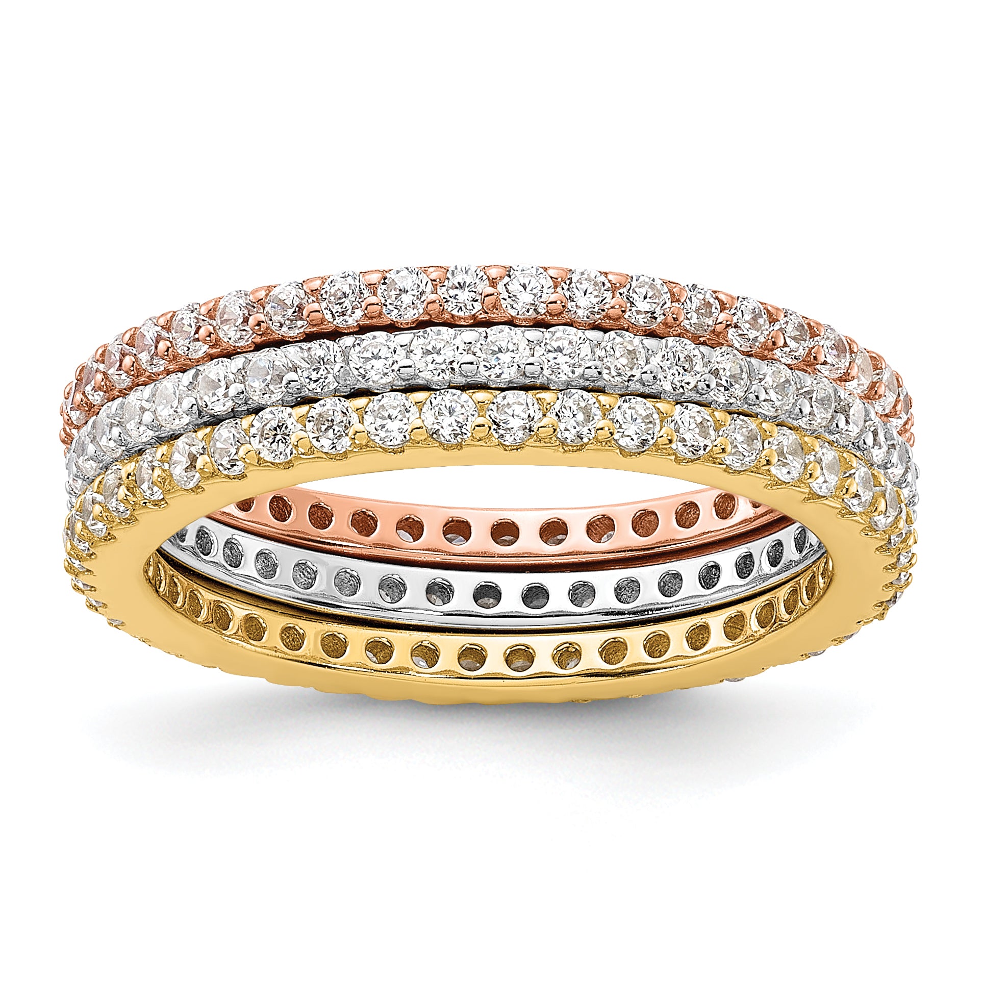 Sterling Silver Rhodium-Plated Gold and Rose-tone Cubic Zirconi 3 Eternity Band Set Main image