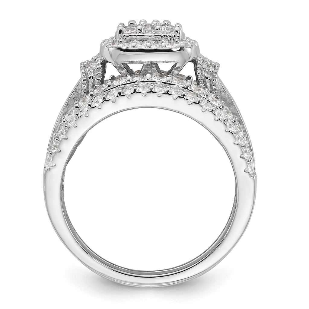 Sterling Silver Rhodium-Plated Cubic Zirconi Engagement Ring With 2 Bands 3 Ring Set