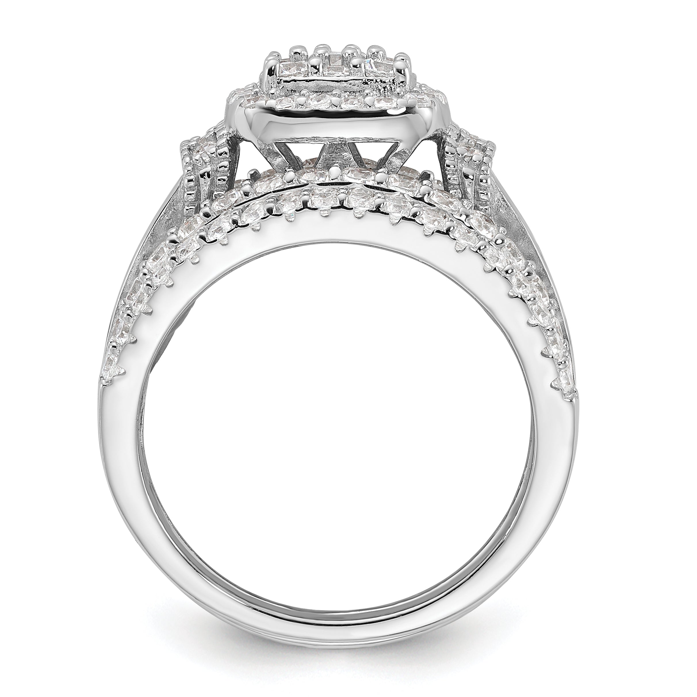 Sterling Silver Rhodium-Plated Cubic Zirconi Engagement Ring With 2 Bands 3 Ring Set