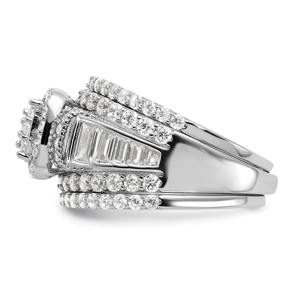 Sterling Silver Rhodium-Plated Cubic Zirconi Engagement Ring With 2 Bands 3 Ring Set
