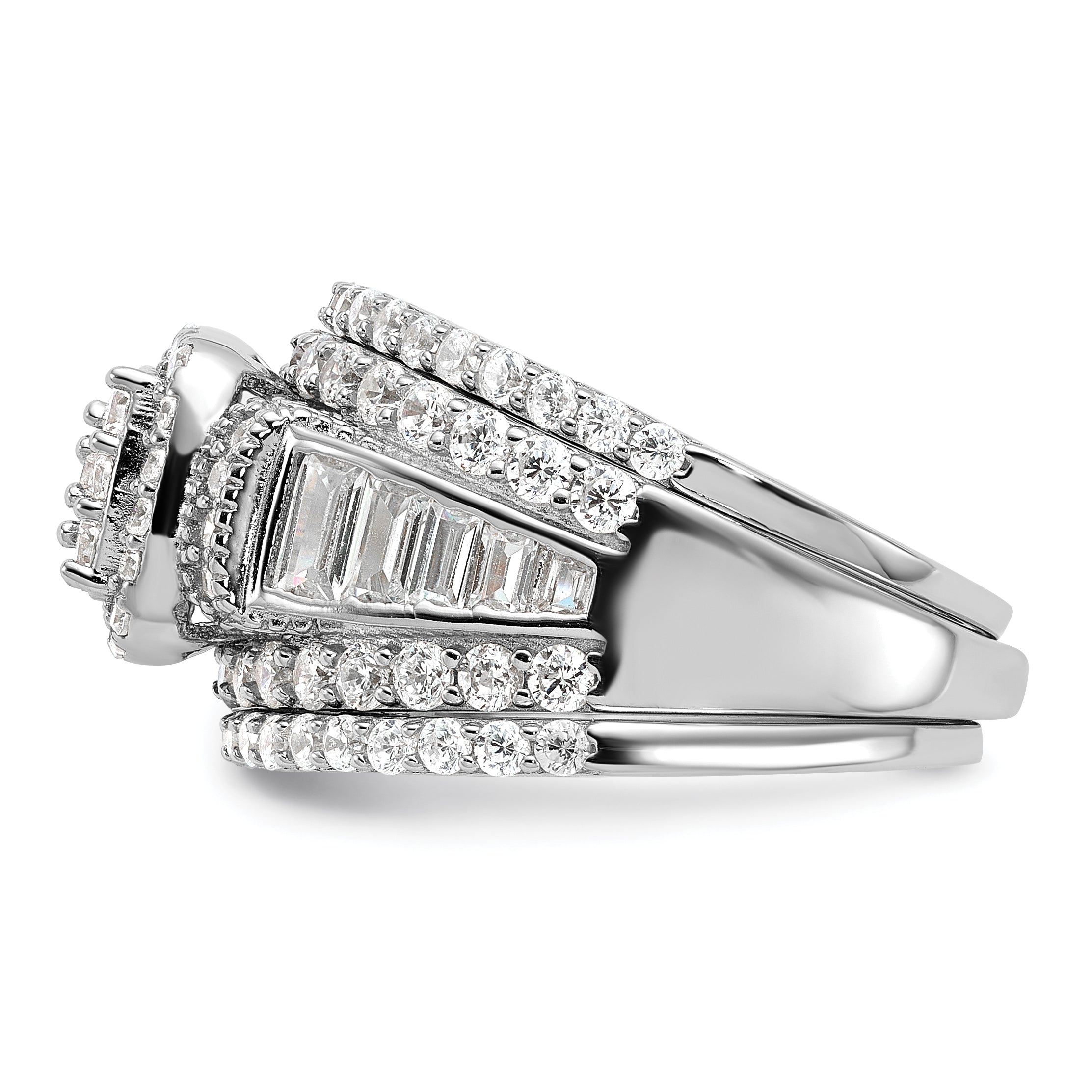 Sterling Silver Rhodium-Plated Cubic Zirconi Engagement Ring With 2 Bands 3 Ring Set