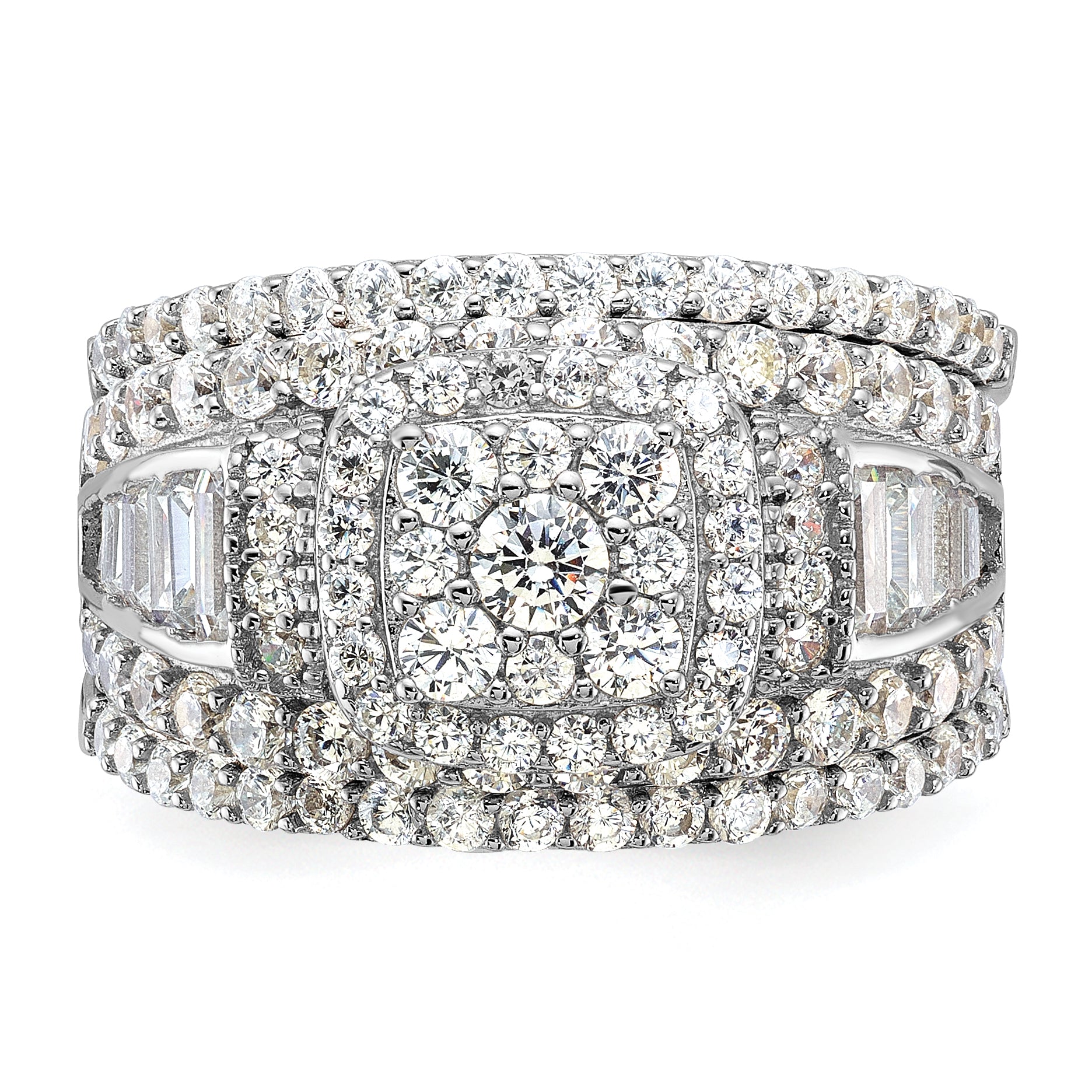 Sterling Silver Rhodium-Plated Cubic Zirconi Engagement Ring With 2 Bands 3 Ring Set
