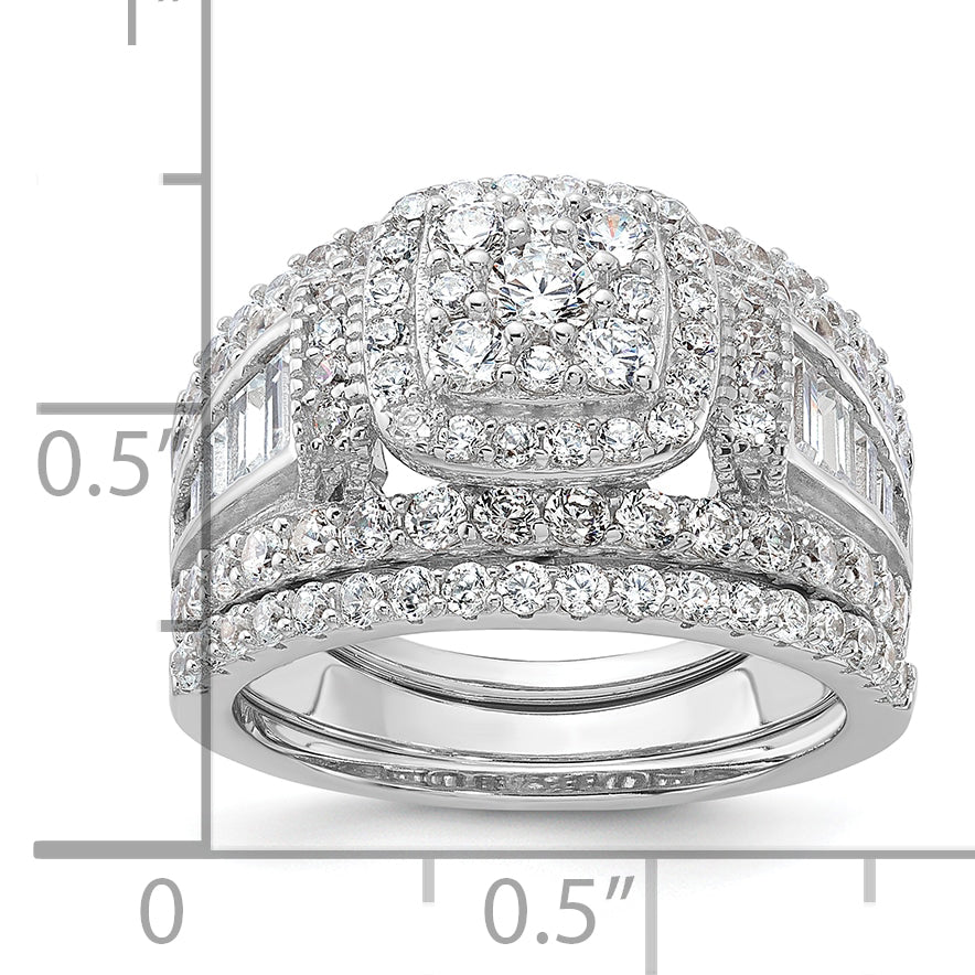 Sterling Silver Rhodium-Plated Cubic Zirconi Engagement Ring With 2 Bands 3 Ring Set