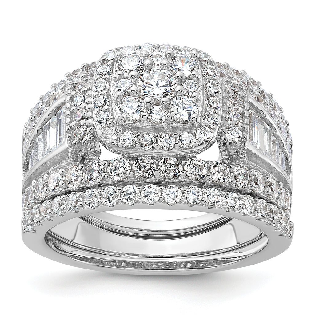 Sterling Silver Rhodium-Plated Cubic Zirconi Engagement Ring With 2 Bands 3 Ring Set