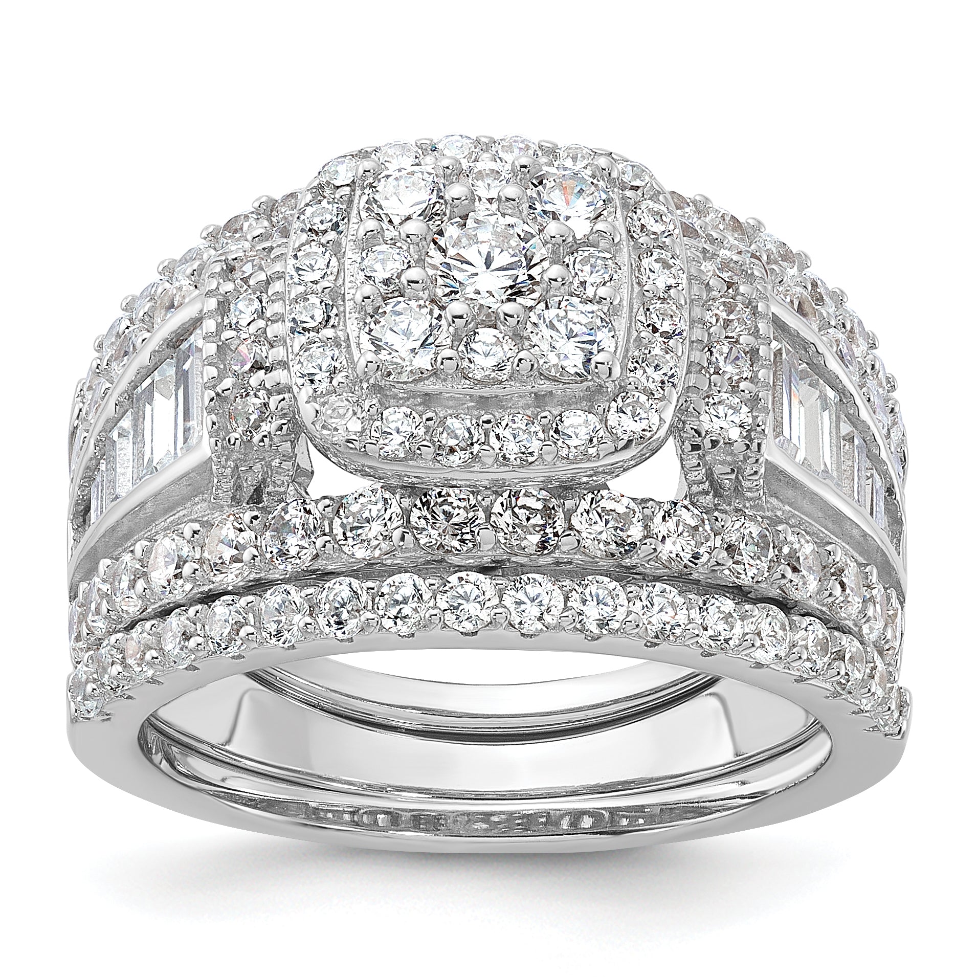 Sterling Silver Rhodium-Plated Cubic Zirconi Engagement Ring With 2 Bands 3 Ring Set