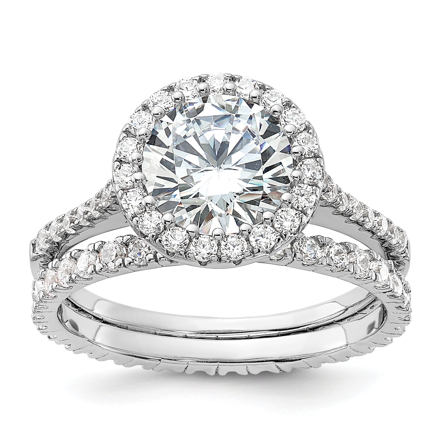 Sterling Silver RH-plated CZ Halo Engagement Ring and Eternity Band Set Main image
