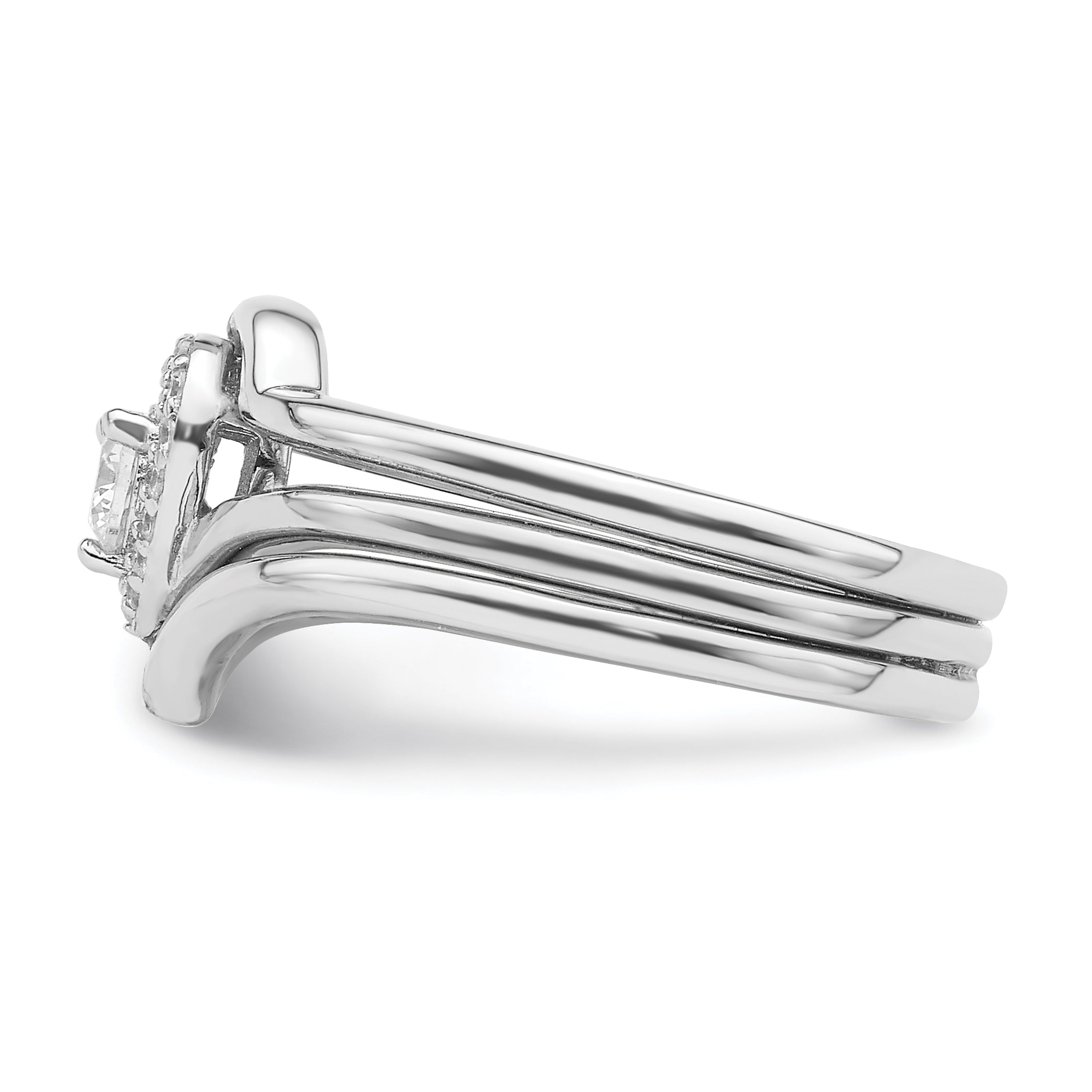 Sterling Silver Rhodium-Plated Cubic Zirconi Heart and Bands Three Ring Set