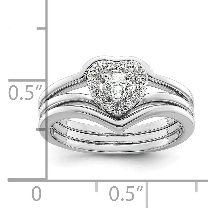 Sterling Silver Rhodium-Plated Cubic Zirconi Heart and Bands Three Ring Set