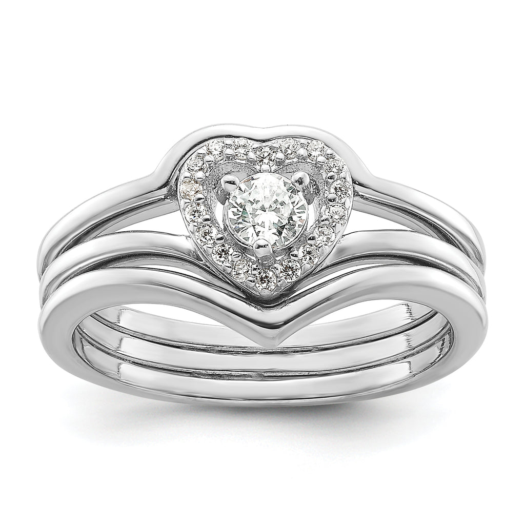 Sterling Silver Rhodium-Plated Cubic Zirconi Heart and Bands Three Ring Set