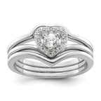 Sterling Silver Rhodium-Plated Cubic Zirconi Heart and Bands Three Ring Set