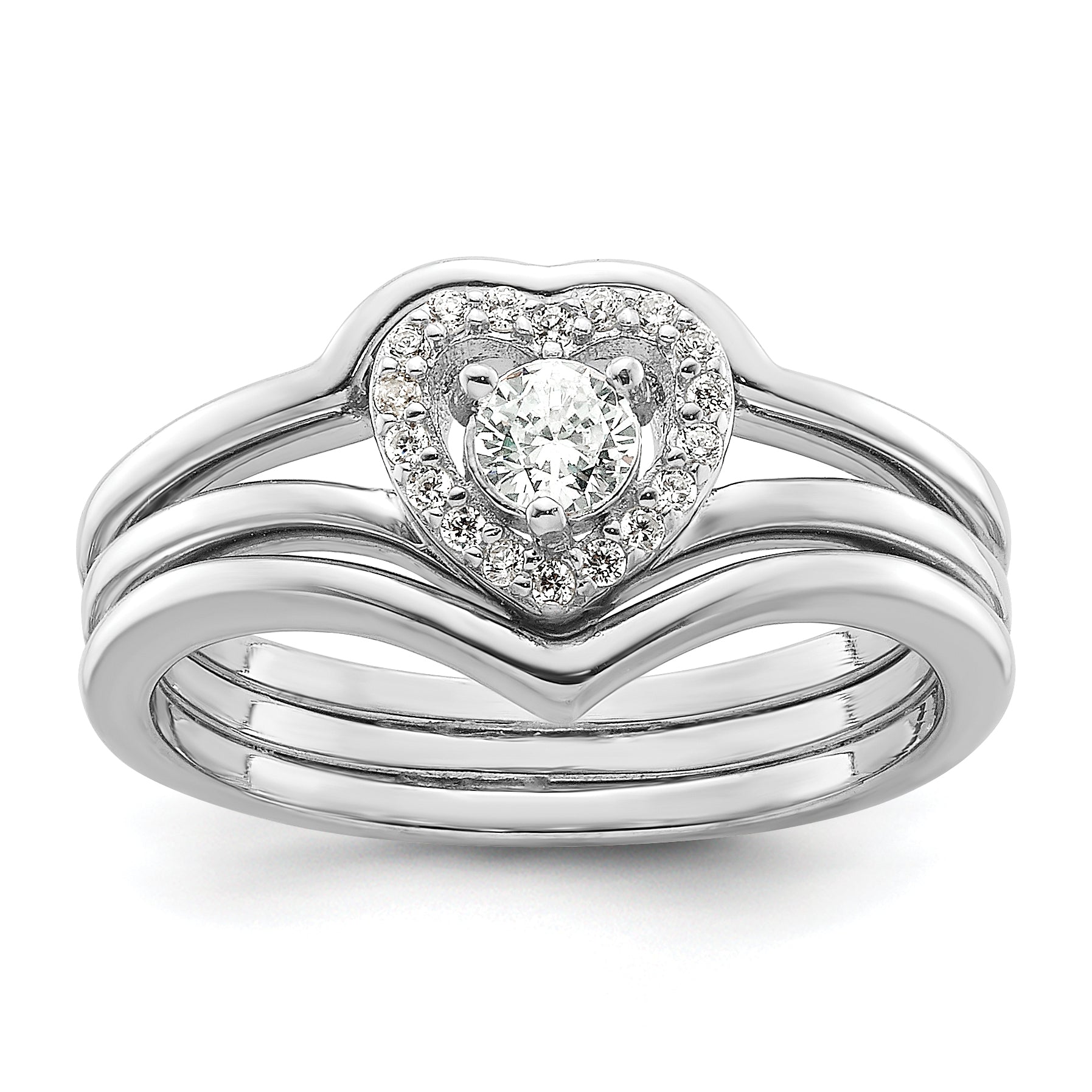 Sterling Silver Rhodium-Plated Cubic Zirconi Heart and Bands Three Ring Set