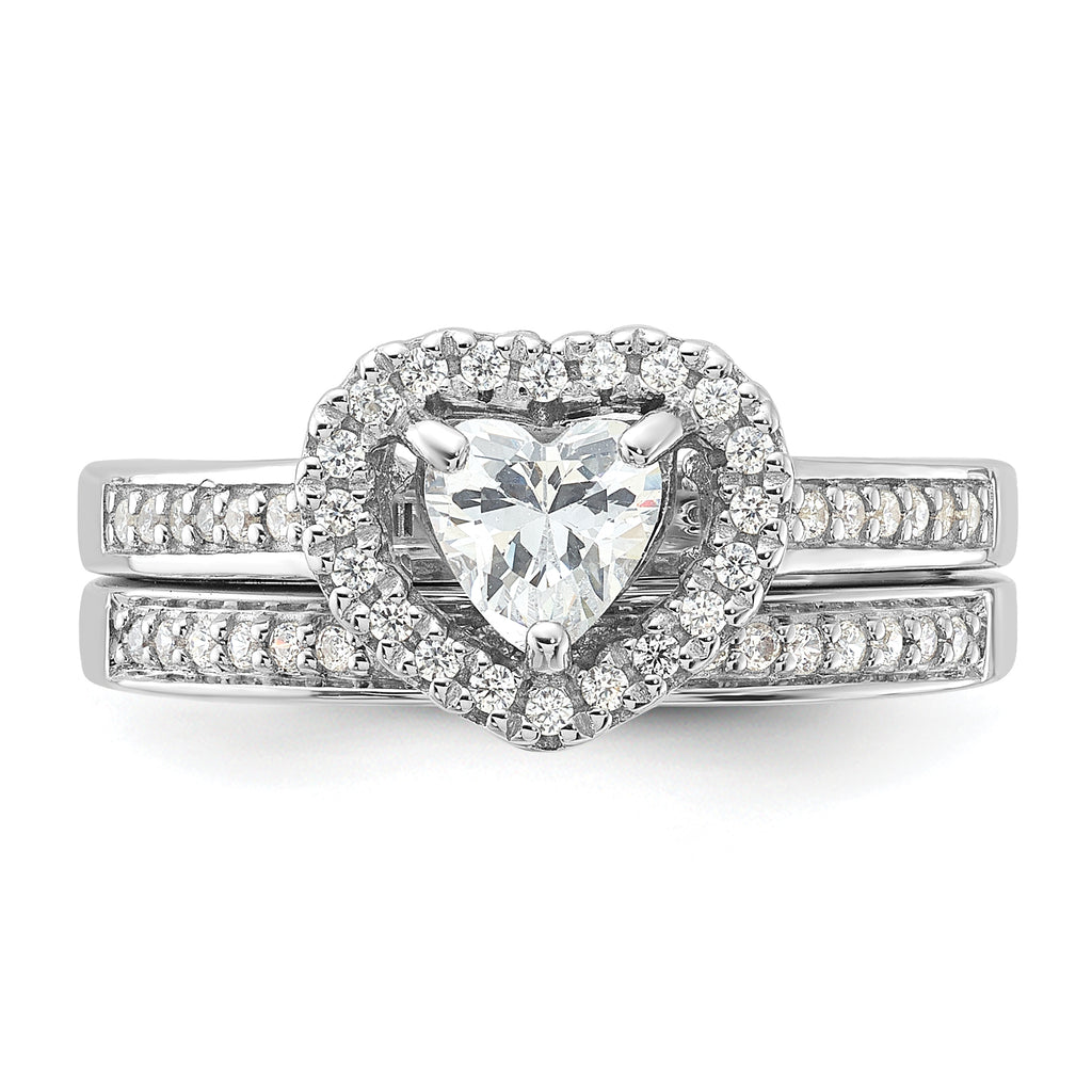 Sterling Silver Rhodium-Plated Cubic Zirconi Heart and Band 2 Ring Set