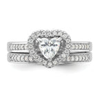 Sterling Silver Rhodium-Plated Cubic Zirconi Heart and Band 2 Ring Set