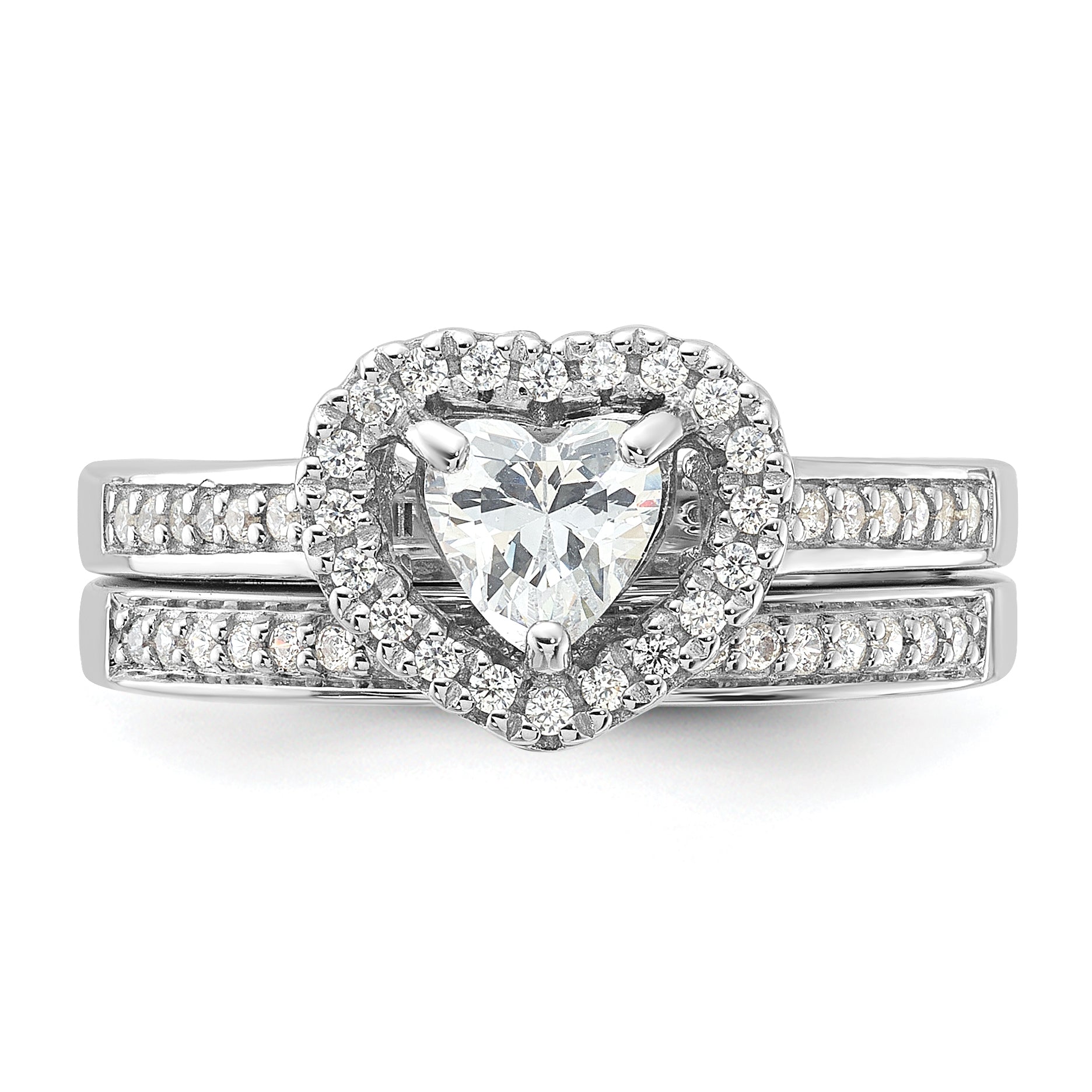 Sterling Silver Rhodium-Plated Cubic Zirconi Heart and Band 2 Ring Set
