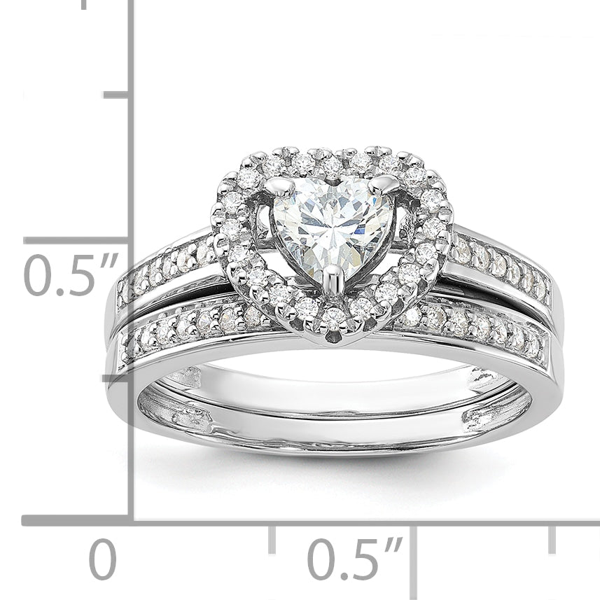 Sterling Silver Rhodium-Plated Cubic Zirconi Heart and Band 2 Ring Set
