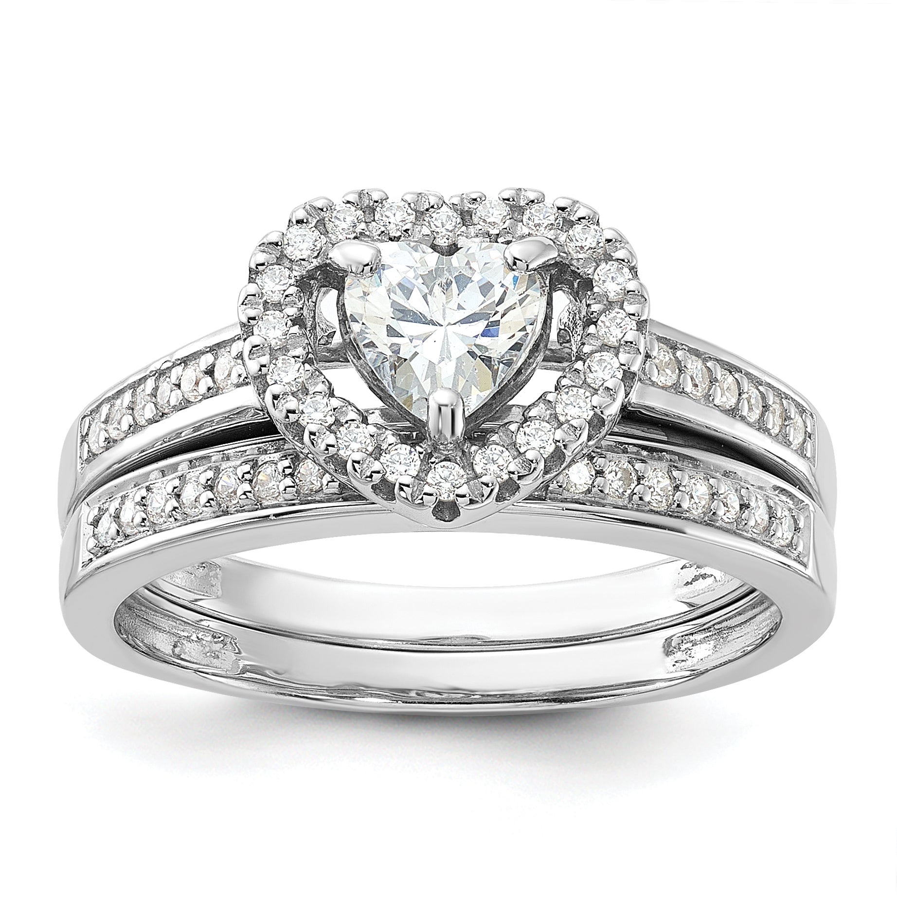 Sterling Silver Rhodium-Plated Cubic Zirconi Heart and Band 2 Ring Set Main image