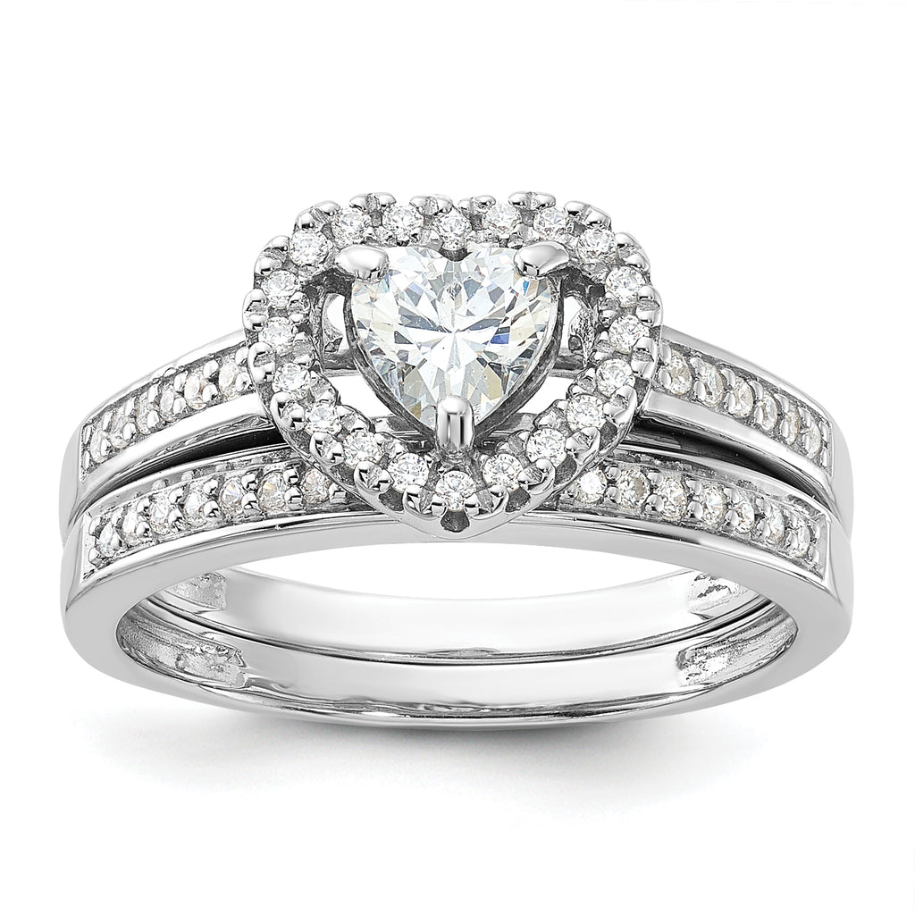 Sterling Silver Rhodium-Plated Cubic Zirconi Heart and Band 2 Ring Set