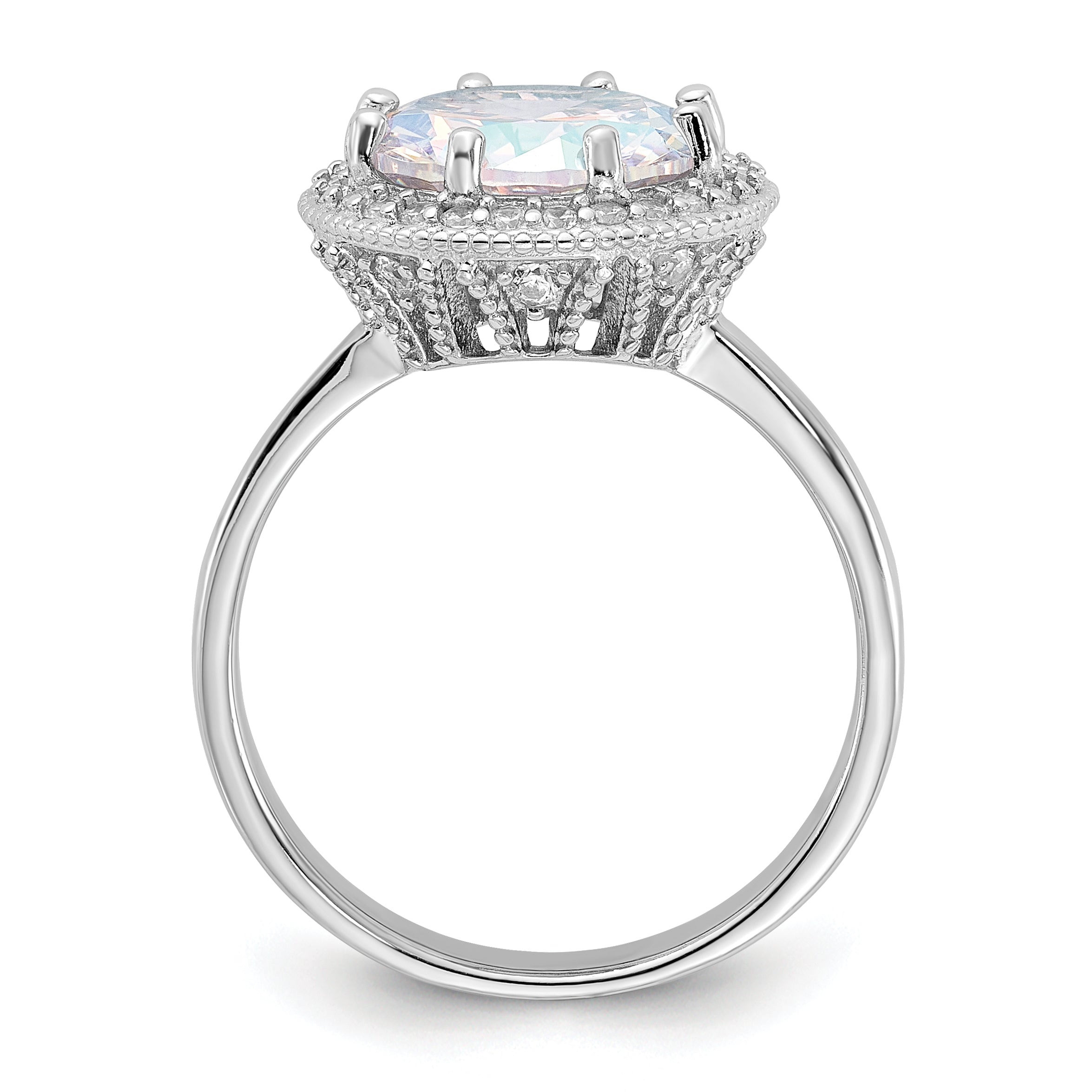 Sterling Silver Rhodium-plated Clear and Iridescent CZ Rnd Halo Ring