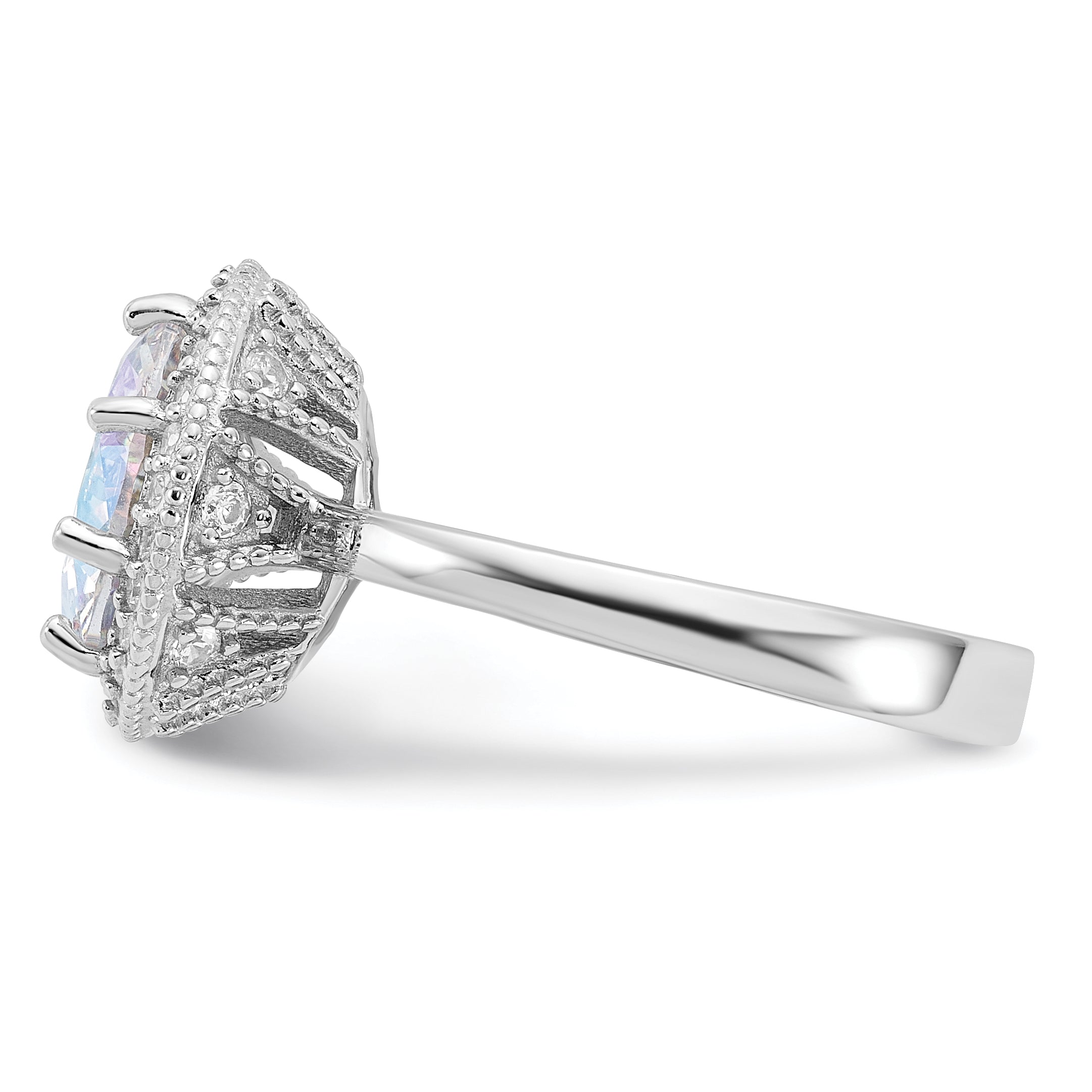 Sterling Silver Rhodium-plated Clear and Iridescent CZ Rnd Halo Ring
