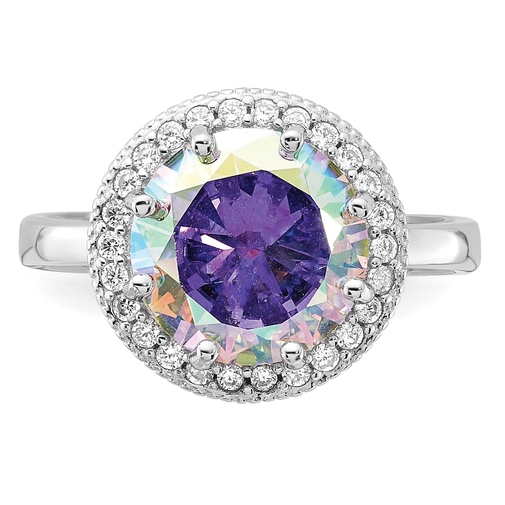 Sterling Silver Rhodium-plated Clear and Iridescent CZ Rnd Halo Ring