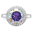 Sterling Silver Rhodium-plated Clear and Iridescent CZ Rnd Halo Ring