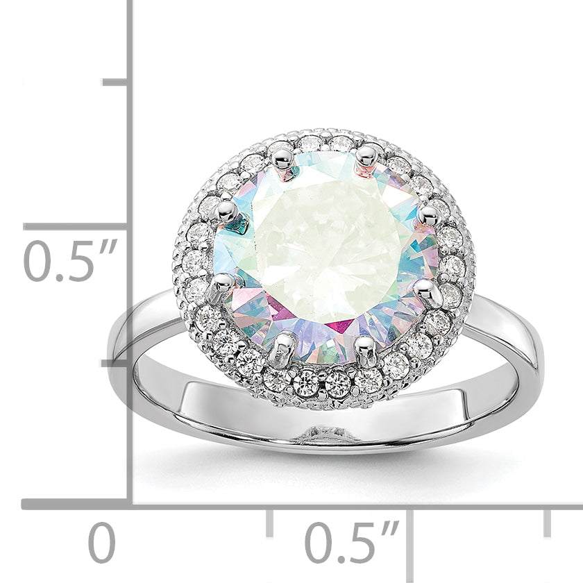 Sterling Silver Rhodium-plated Clear and Iridescent CZ Rnd Halo Ring