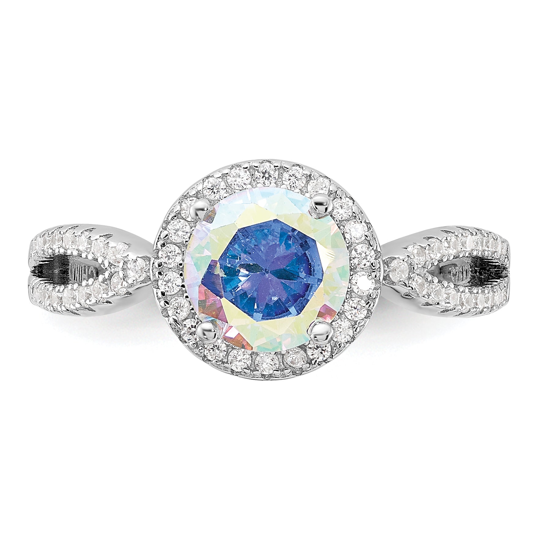 Sterling Silver Rhodium-plated Iridescent CZ Halo Ring
