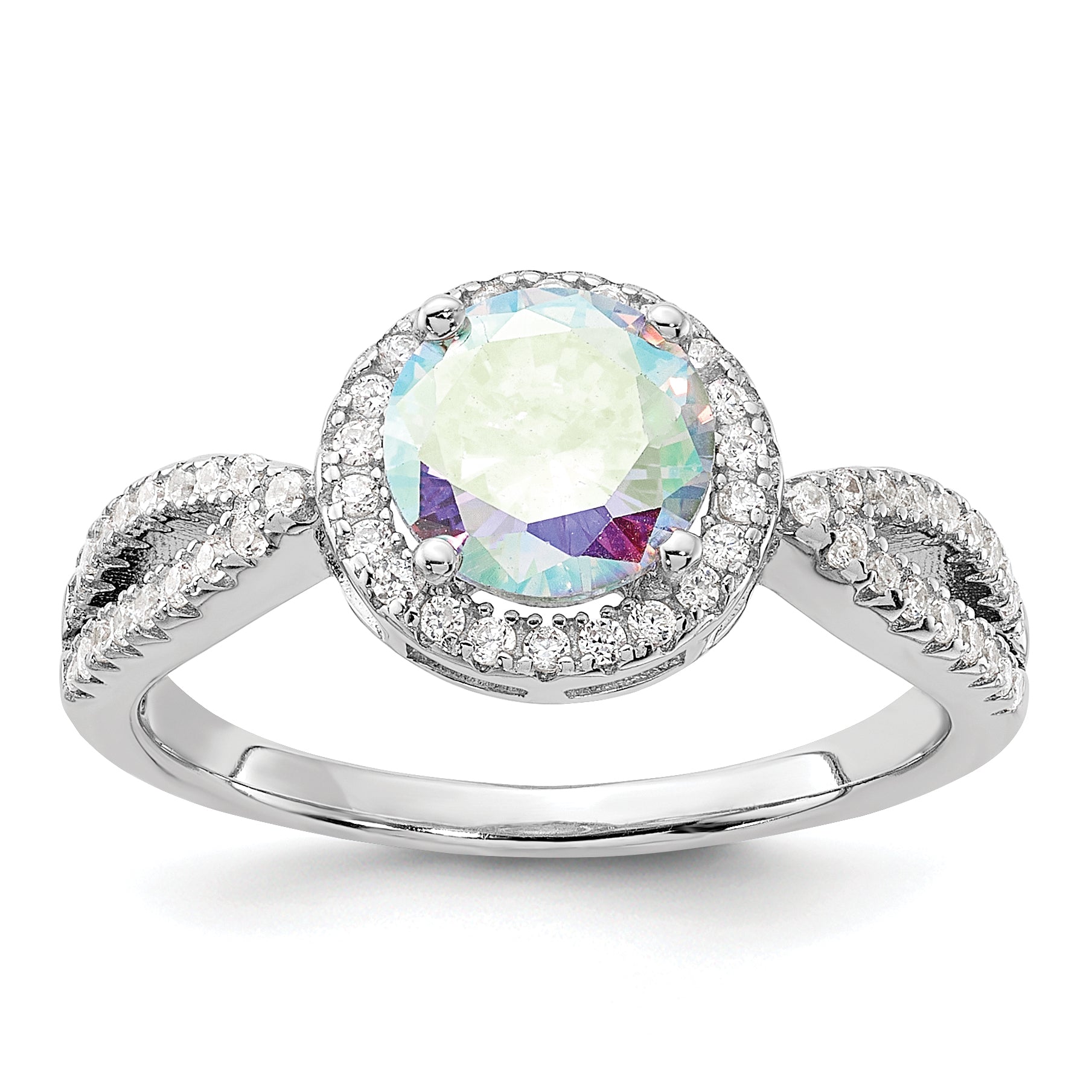 Sterling Silver Rhodium-plated Iridescent CZ Halo Ring