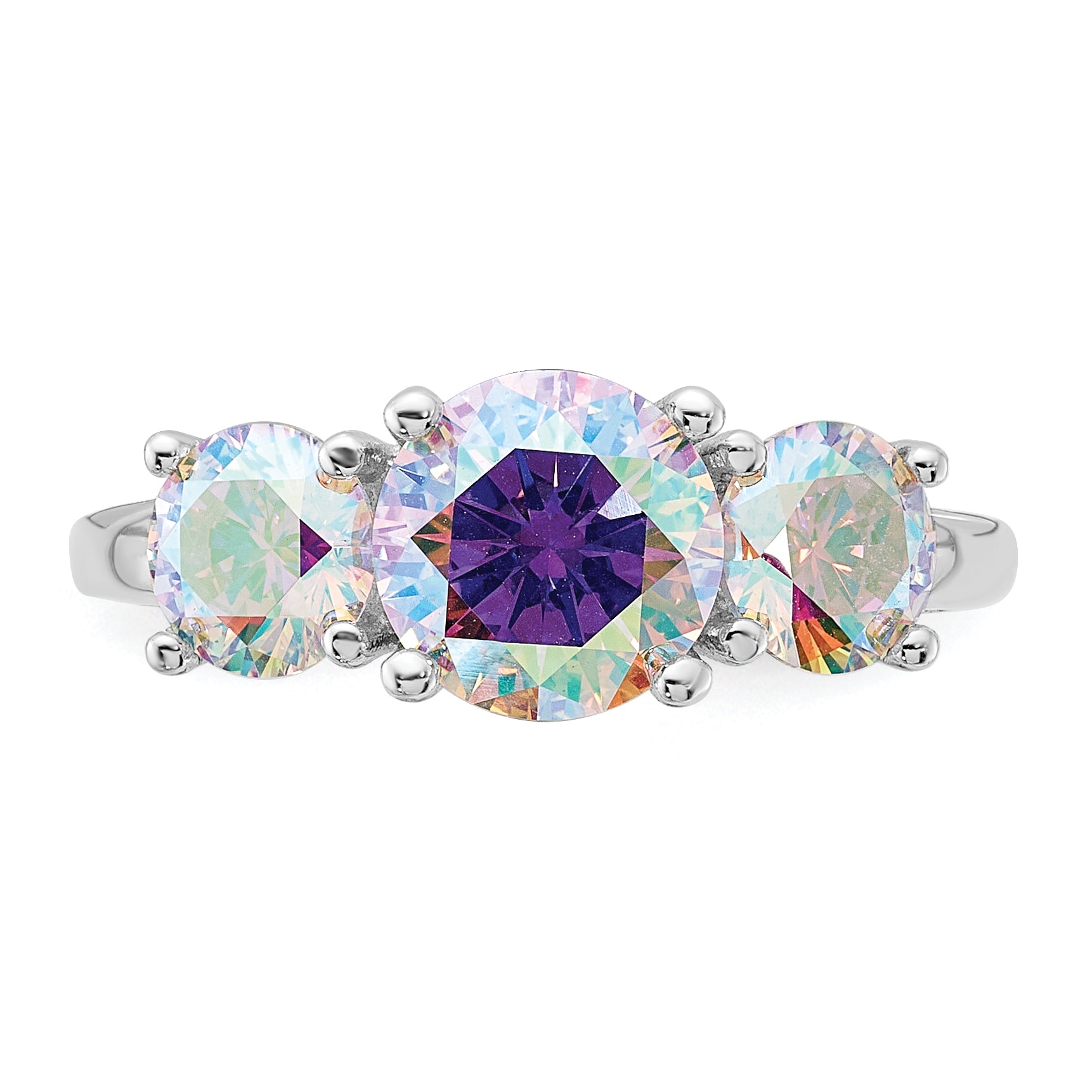 Sterling Silver Rhodium-plated Iridescent CZ 3-Stone Ring