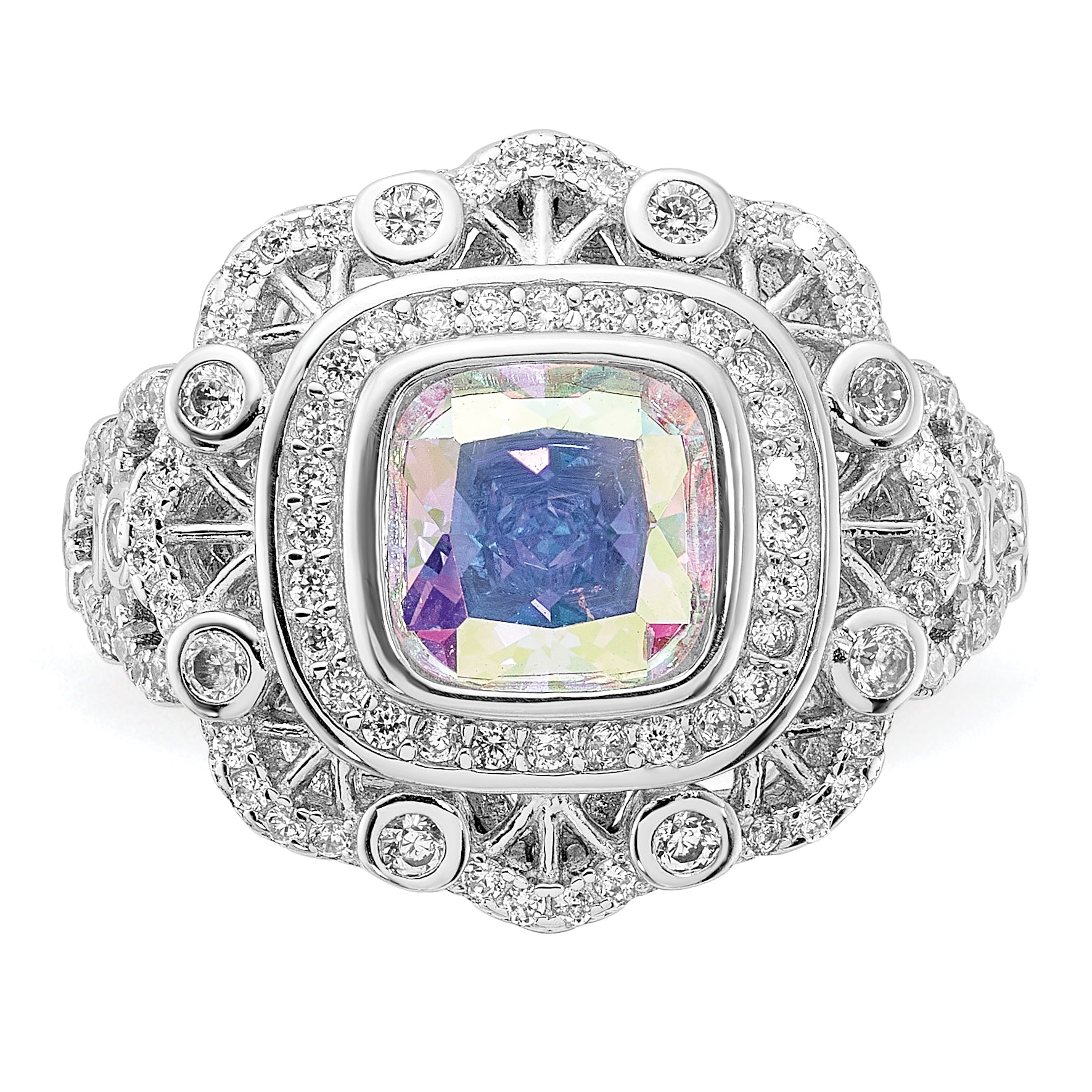 Sterling Silver Rhodium-plated Clear and Iridescent CZ Ring