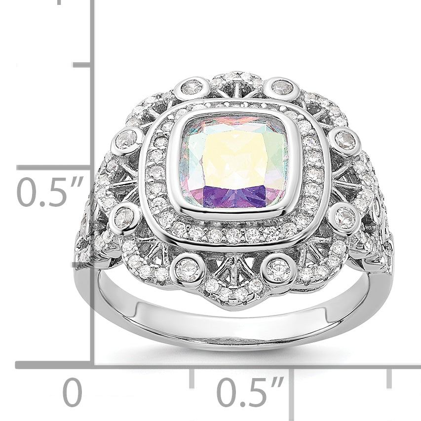 Sterling Silver Rhodium-plated Clear and Iridescent CZ Ring