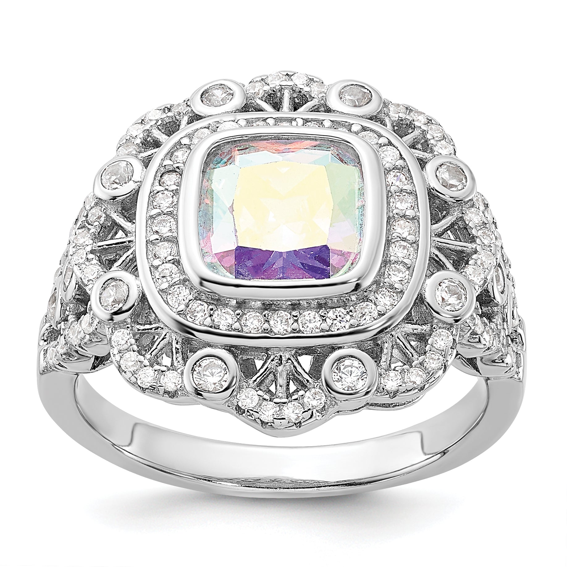 Sterling Silver Rhodium-plated Clear and Iridescent CZ Ring